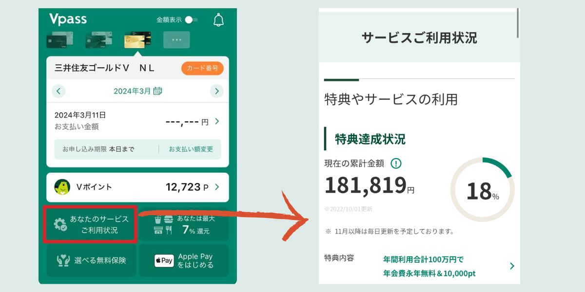 三井住友カードの100万円修行の進捗状況は、スマホアプリのVpass「あなたのサービスご利用状況」から確認できます！